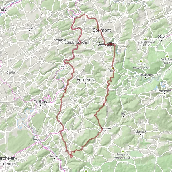 Miniature de la carte de l'inspiration cycliste "Aventure en Gravel autour d'Aywaille" dans la Prov. Liège, Belgium. Générée par le planificateur d'itinéraire cycliste Tarmacs.app