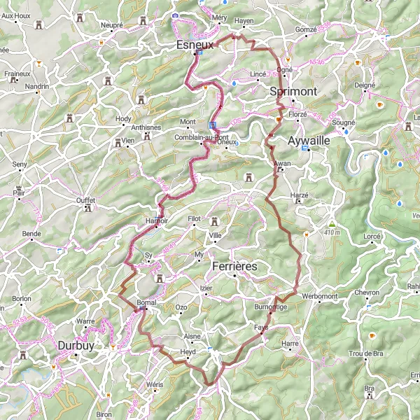 Map miniature of "Scenic Gravel Journey" cycling inspiration in Prov. Liège, Belgium. Generated by Tarmacs.app cycling route planner