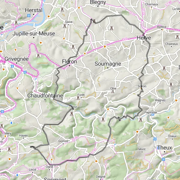 Karten-Miniaturansicht der Radinspiration "Rund um Dolembreux und Romsée" in Prov. Liège, Belgium. Erstellt vom Tarmacs.app-Routenplaner für Radtouren
