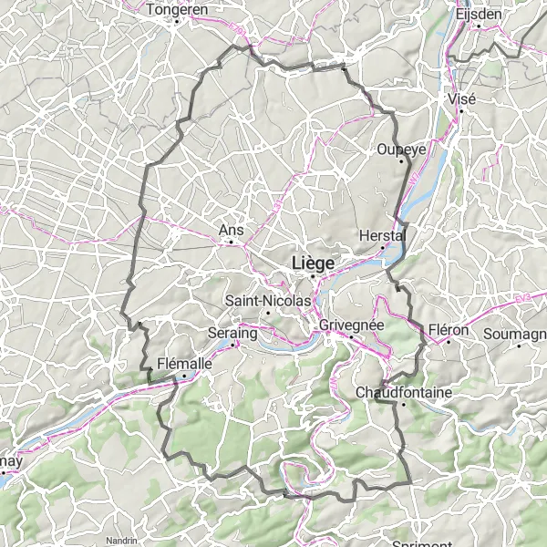 Map miniature of "The Hidden Gems" cycling inspiration in Prov. Liège, Belgium. Generated by Tarmacs.app cycling route planner