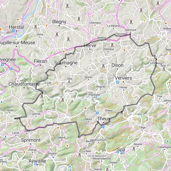 Miniature de la carte de l'inspiration cycliste "Boucle à Vélo autour de Trooz" dans la Prov. Liège, Belgium. Générée par le planificateur d'itinéraire cycliste Tarmacs.app