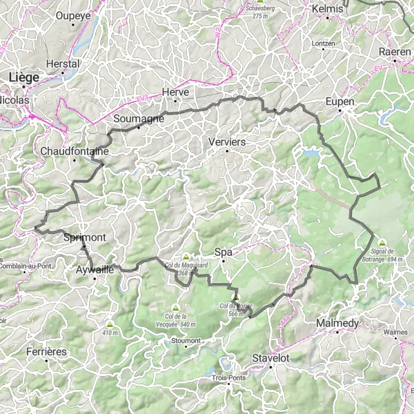 Miniature de la carte de l'inspiration cycliste "Les Ardennes Liégeoises" dans la Prov. Liège, Belgium. Générée par le planificateur d'itinéraire cycliste Tarmacs.app