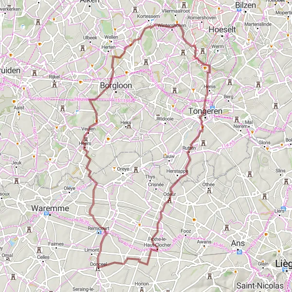 Miniature de la carte de l'inspiration cycliste "Boucle des châteaux et des villages" dans la Prov. Liège, Belgium. Générée par le planificateur d'itinéraire cycliste Tarmacs.app