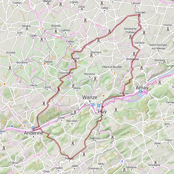 Miniatuurkaart van de fietsinspiratie "Avontuurlijke gravelroute naar Huy en Aineffe" in Prov. Liège, Belgium. Gemaakt door de Tarmacs.app fietsrouteplanner