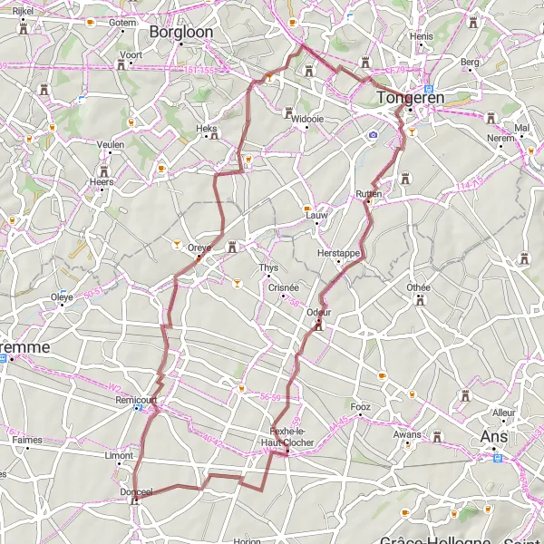 Map miniature of "Oreye to Donceel Gravel Loop" cycling inspiration in Prov. Liège, Belgium. Generated by Tarmacs.app cycling route planner