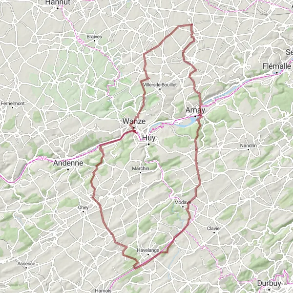 Map miniature of "Donceel to Aineffe Gravel Cycling Adventure" cycling inspiration in Prov. Liège, Belgium. Generated by Tarmacs.app cycling route planner