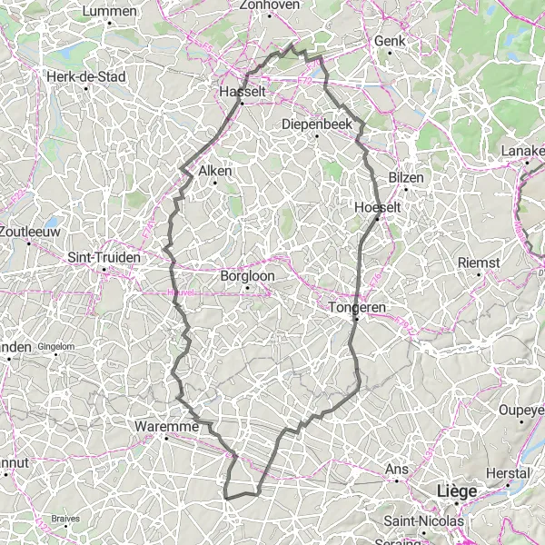 Karten-Miniaturansicht der Radinspiration "Straßenrundweg Donceel-Pousset-Land van Zuyl-Duiventoren-Hamal-Lutselus" in Prov. Liège, Belgium. Erstellt vom Tarmacs.app-Routenplaner für Radtouren