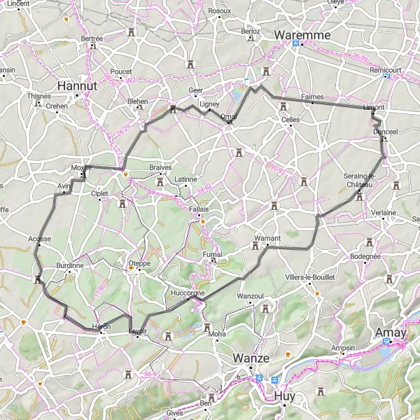 Map miniature of "Warnant to Donceel Loop" cycling inspiration in Prov. Liège, Belgium. Generated by Tarmacs.app cycling route planner