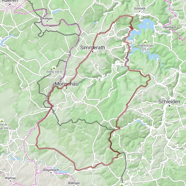 Miniatuurkaart van de fietsinspiratie "Ontdek de Eifel op grindwegen" in Prov. Liège, Belgium. Gemaakt door de Tarmacs.app fietsrouteplanner