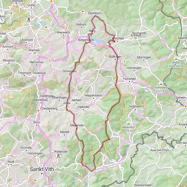 Map miniature of "Elsenborn Gravel Adventure" cycling inspiration in Prov. Liège, Belgium. Generated by Tarmacs.app cycling route planner