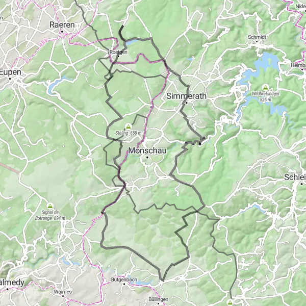 Map miniature of "Elsenborn Road Cycling Adventure" cycling inspiration in Prov. Liège, Belgium. Generated by Tarmacs.app cycling route planner