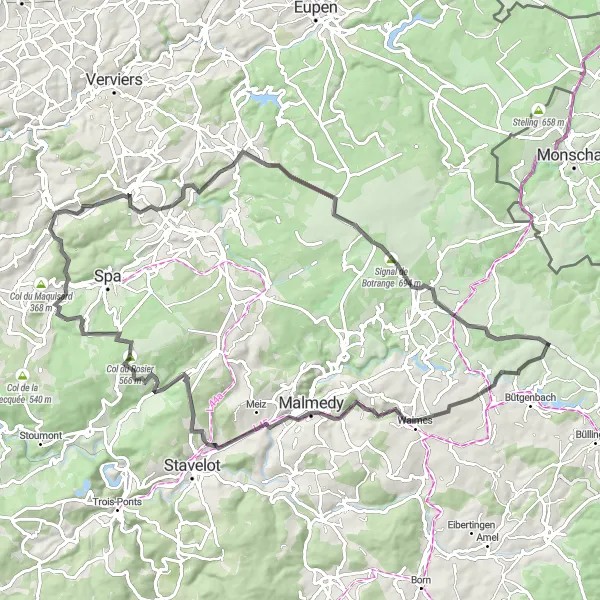 Map miniature of "Elsenborn Road Cycling Route" cycling inspiration in Prov. Liège, Belgium. Generated by Tarmacs.app cycling route planner