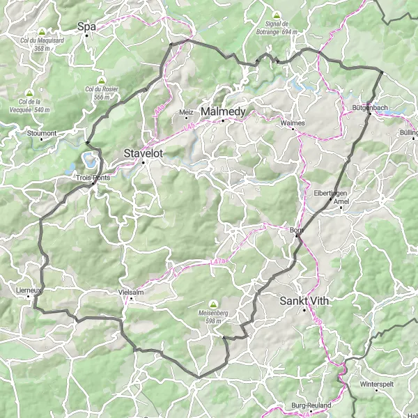 Miniature de la carte de l'inspiration cycliste "Parcours épique à travers l'Eifel et les Ardennes" dans la Prov. Liège, Belgium. Générée par le planificateur d'itinéraire cycliste Tarmacs.app