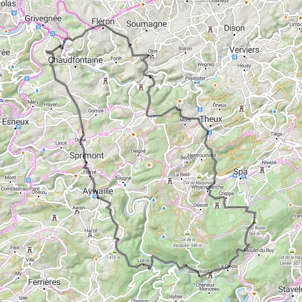 Miniature de la carte de l'inspiration cycliste "Boucle routière à travers les Ardennes belges" dans la Prov. Liège, Belgium. Générée par le planificateur d'itinéraire cycliste Tarmacs.app
