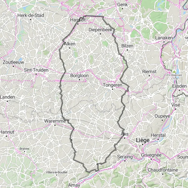 Miniature de la carte de l'inspiration cycliste "Châteaux et villages de la Meuse" dans la Prov. Liège, Belgium. Générée par le planificateur d'itinéraire cycliste Tarmacs.app