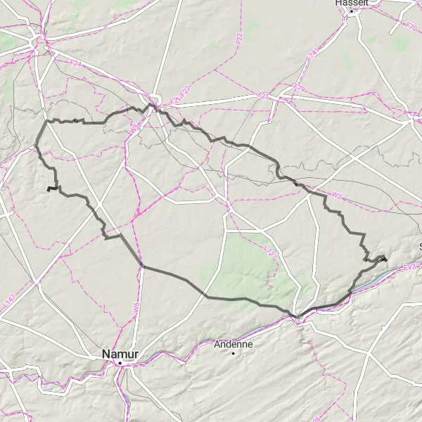 Miniatuurkaart van de fietsinspiratie "Avontuurlijke fietstocht door pittoreske dorpen" in Prov. Liège, Belgium. Gemaakt door de Tarmacs.app fietsrouteplanner