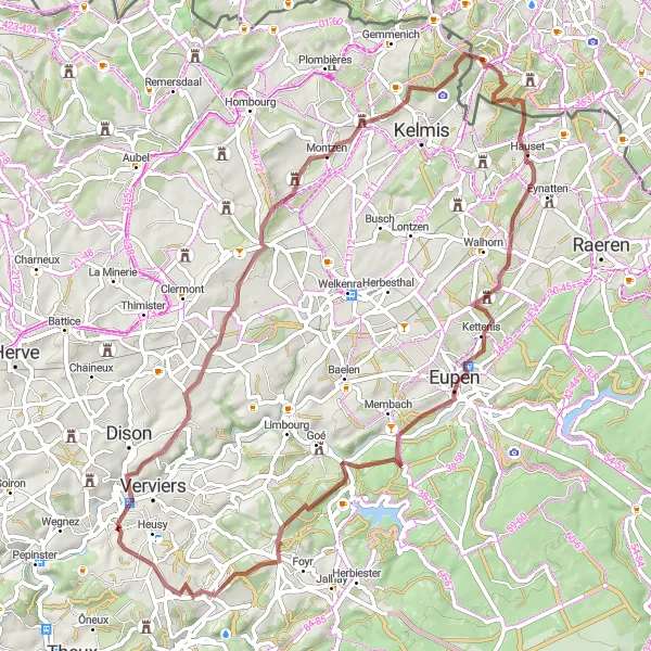 Map miniature of "Ensival to Montzen Gravel Cycling Route" cycling inspiration in Prov. Liège, Belgium. Generated by Tarmacs.app cycling route planner