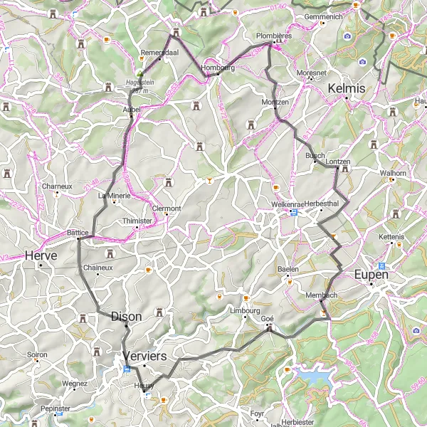 Map miniature of "Fabulous Ride through the Eifel Hills" cycling inspiration in Prov. Liège, Belgium. Generated by Tarmacs.app cycling route planner