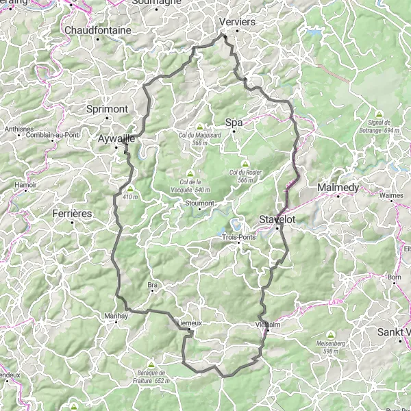 Karten-Miniaturansicht der Radinspiration "Herausfordernde Ardennenrunde" in Prov. Liège, Belgium. Erstellt vom Tarmacs.app-Routenplaner für Radtouren
