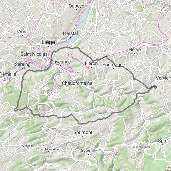Miniature de la carte de l'inspiration cycliste "Les Châteaux de la Province de Liège" dans la Prov. Liège, Belgium. Générée par le planificateur d'itinéraire cycliste Tarmacs.app