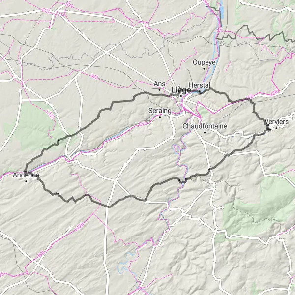Karten-Miniaturansicht der Radinspiration "Road Trip durch die malerische Landschaft ab Ensival" in Prov. Liège, Belgium. Erstellt vom Tarmacs.app-Routenplaner für Radtouren