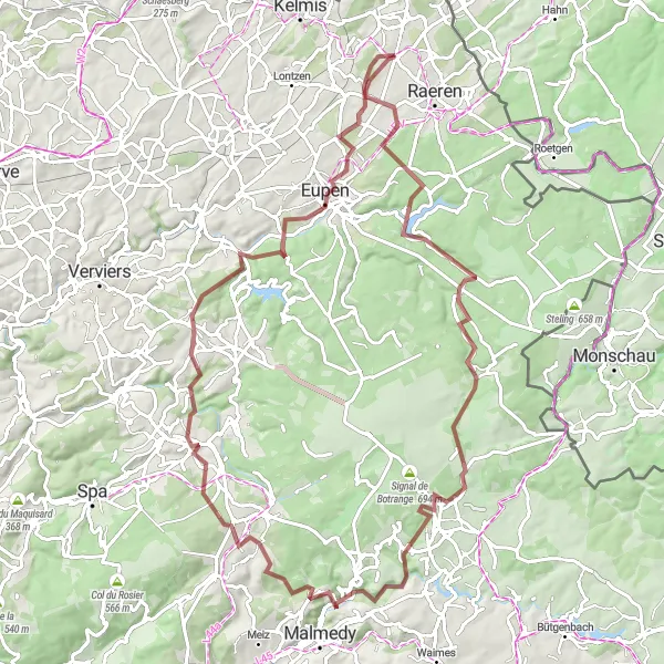 Miniatuurkaart van de fietsinspiratie "Gravelroute van 92 km rond Eynatten" in Prov. Liège, Belgium. Gemaakt door de Tarmacs.app fietsrouteplanner