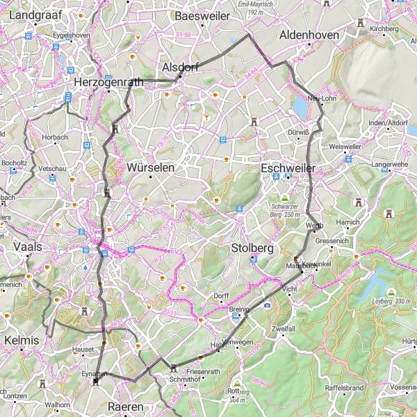 Miniature de la carte de l'inspiration cycliste "Les collines d'Aix-la-Chapelle" dans la Prov. Liège, Belgium. Générée par le planificateur d'itinéraire cycliste Tarmacs.app