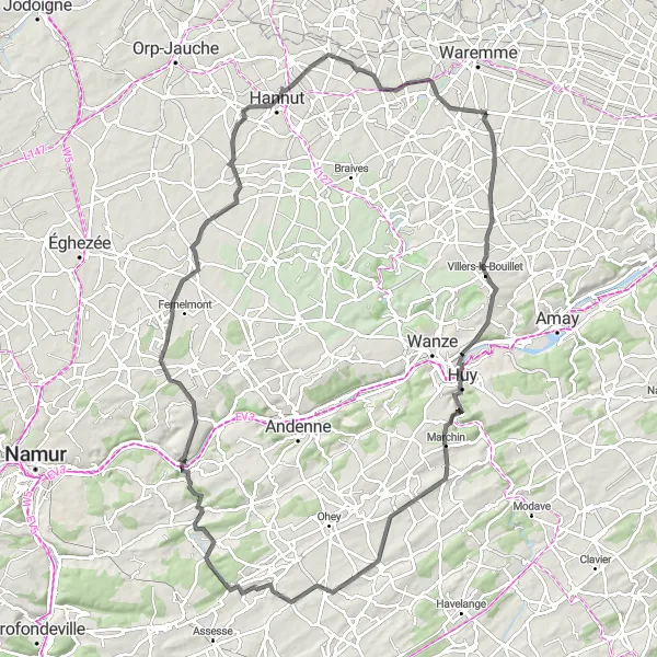 Map miniature of "Liège - Faulx-Les Tombes Loop" cycling inspiration in Prov. Liège, Belgium. Generated by Tarmacs.app cycling route planner