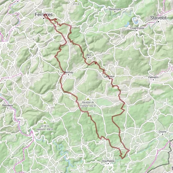 Map miniature of "Gravel Adventure from Ferrières to Haute Monchenoûle" cycling inspiration in Prov. Liège, Belgium. Generated by Tarmacs.app cycling route planner