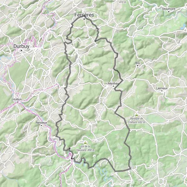 Map miniature of "Ferrières - Vaux-Chavanne - Wibrin - Cielle - Heyd - Ferrières" cycling inspiration in Prov. Liège, Belgium. Generated by Tarmacs.app cycling route planner