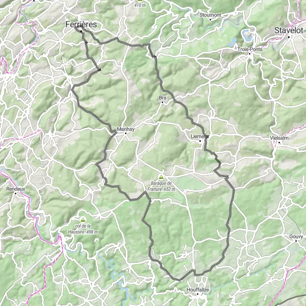 Miniature de la carte de l'inspiration cycliste "Les Vallées Ardennaises" dans la Prov. Liège, Belgium. Générée par le planificateur d'itinéraire cycliste Tarmacs.app