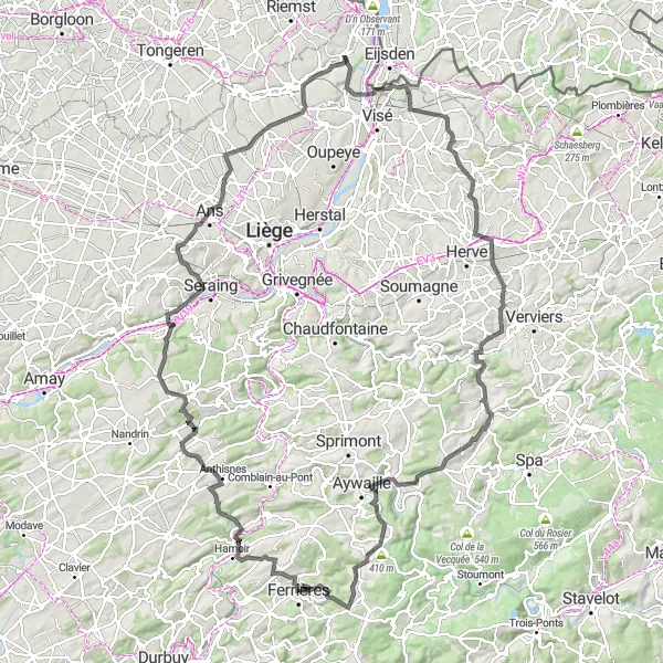 Miniature de la carte de l'inspiration cycliste "Les collines de Liège" dans la Prov. Liège, Belgium. Générée par le planificateur d'itinéraire cycliste Tarmacs.app