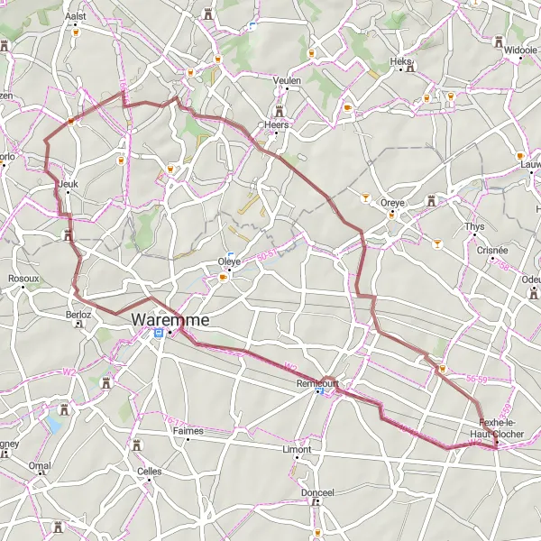 Karten-Miniaturansicht der Radinspiration "Gravel Tour durch Waremme und Middelheers" in Prov. Liège, Belgium. Erstellt vom Tarmacs.app-Routenplaner für Radtouren