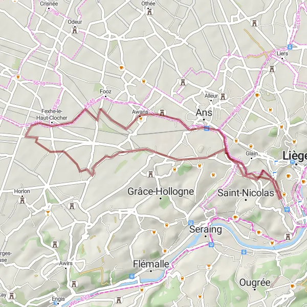 Karten-Miniaturansicht der Radinspiration "Gravel Tour durch Velroux und Awans" in Prov. Liège, Belgium. Erstellt vom Tarmacs.app-Routenplaner für Radtouren