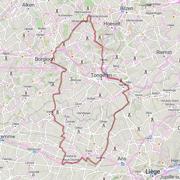 Miniatuurkaart van de fietsinspiratie "Gravelavontuur door Landelijk Limburg" in Prov. Liège, Belgium. Gemaakt door de Tarmacs.app fietsrouteplanner