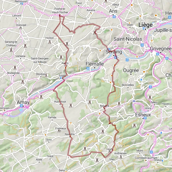 Miniature de la carte de l'inspiration cycliste "Parcours gravel autour de Fexhe-le-Haut-Clocher" dans la Prov. Liège, Belgium. Générée par le planificateur d'itinéraire cycliste Tarmacs.app