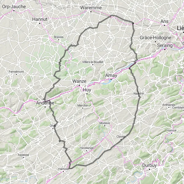 Map miniature of "The Awirs Adventure" cycling inspiration in Prov. Liège, Belgium. Generated by Tarmacs.app cycling route planner