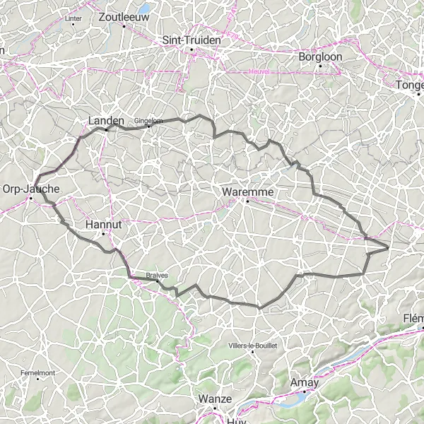 Miniature de la carte de l'inspiration cycliste "Parcours de Gingelom" dans la Prov. Liège, Belgium. Générée par le planificateur d'itinéraire cycliste Tarmacs.app