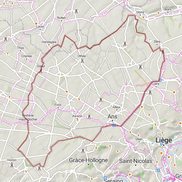 Map miniature of "Hidden Gems" cycling inspiration in Prov. Liège, Belgium. Generated by Tarmacs.app cycling route planner