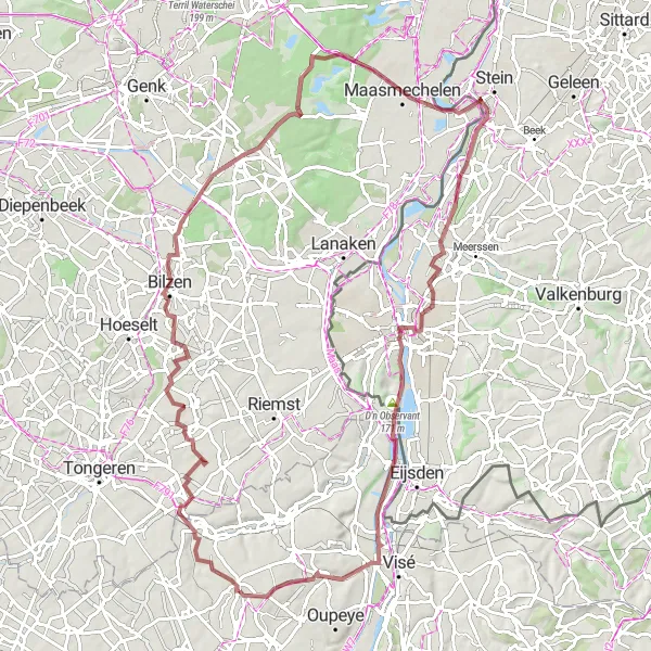 Miniatuurkaart van de fietsinspiratie "Langere gravelroute met panoramische hoogtepunten" in Prov. Liège, Belgium. Gemaakt door de Tarmacs.app fietsrouteplanner