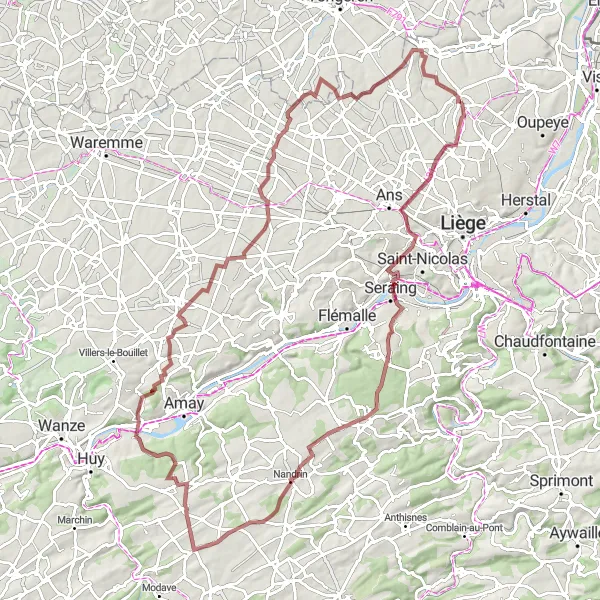 Miniature de la carte de l'inspiration cycliste "Tour du Château Polet et de Fexhe-Slins" dans la Prov. Liège, Belgium. Générée par le planificateur d'itinéraire cycliste Tarmacs.app