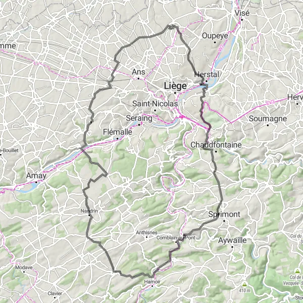 Miniature de la carte de l'inspiration cycliste "Route vers le Thier" dans la Prov. Liège, Belgium. Générée par le planificateur d'itinéraire cycliste Tarmacs.app