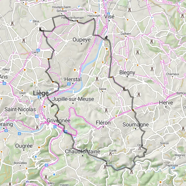 Map miniature of "Road Cycling Adventure in Liège" cycling inspiration in Prov. Liège, Belgium. Generated by Tarmacs.app cycling route planner