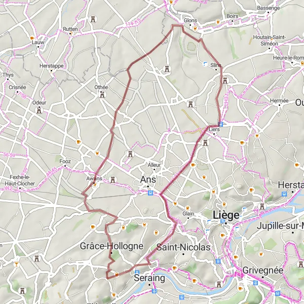Karten-Miniaturansicht der Radinspiration "Xhendremael-Fexhe-Slins Rundkurs" in Prov. Liège, Belgium. Erstellt vom Tarmacs.app-Routenplaner für Radtouren