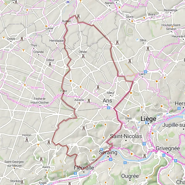 Miniature de la carte de l'inspiration cycliste "Boucle à Vélo de Terre près de Flémalle-Grande" dans la Prov. Liège, Belgium. Générée par le planificateur d'itinéraire cycliste Tarmacs.app