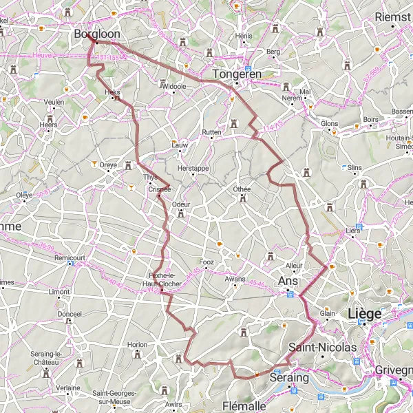 Map miniature of "Mons-lez-Liège Gravel Adventure" cycling inspiration in Prov. Liège, Belgium. Generated by Tarmacs.app cycling route planner