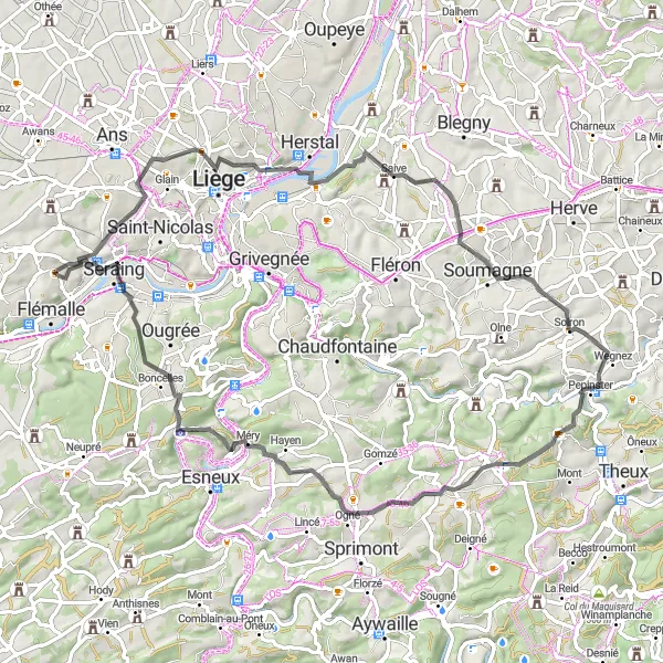 Miniature de la carte de l'inspiration cycliste "Parcours Scénique dans les Environs de Flémalle-Grande" dans la Prov. Liège, Belgium. Générée par le planificateur d'itinéraire cycliste Tarmacs.app