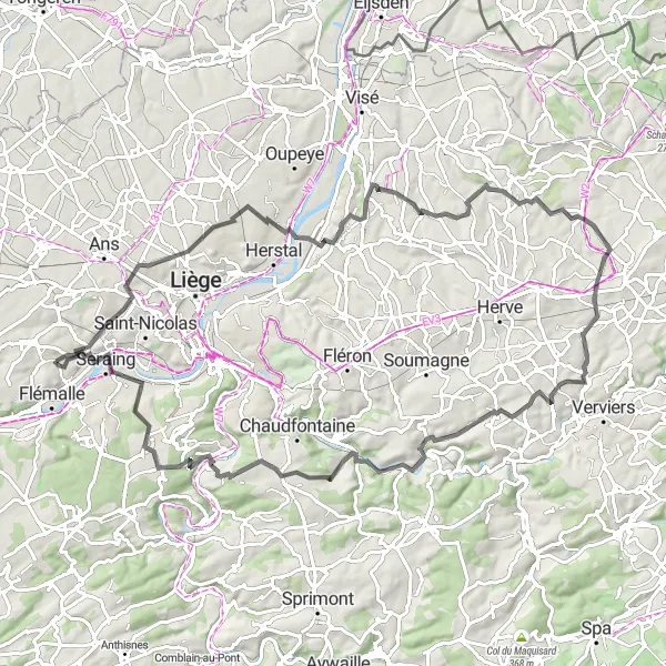Miniatuurkaart van de fietsinspiratie "Uitdagende route met diverse hoogtepunten" in Prov. Liège, Belgium. Gemaakt door de Tarmacs.app fietsrouteplanner