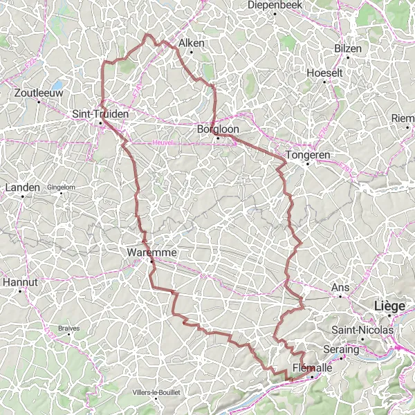Miniature de la carte de l'inspiration cycliste "Boucle à vélo gravel vers Chokier et Wellen" dans la Prov. Liège, Belgium. Générée par le planificateur d'itinéraire cycliste Tarmacs.app