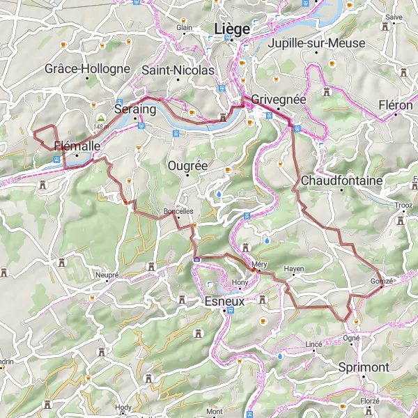 Map miniature of "Flémalle-Haute Gravel Discovery" cycling inspiration in Prov. Liège, Belgium. Generated by Tarmacs.app cycling route planner